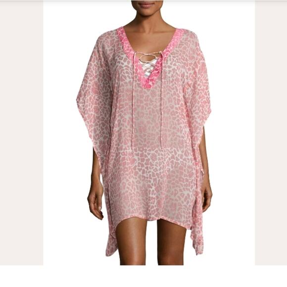 Letarte Sheer Leopard Lily Floral Swim Beach Coverup Pink Medium Handmade - Picture 1 of 10